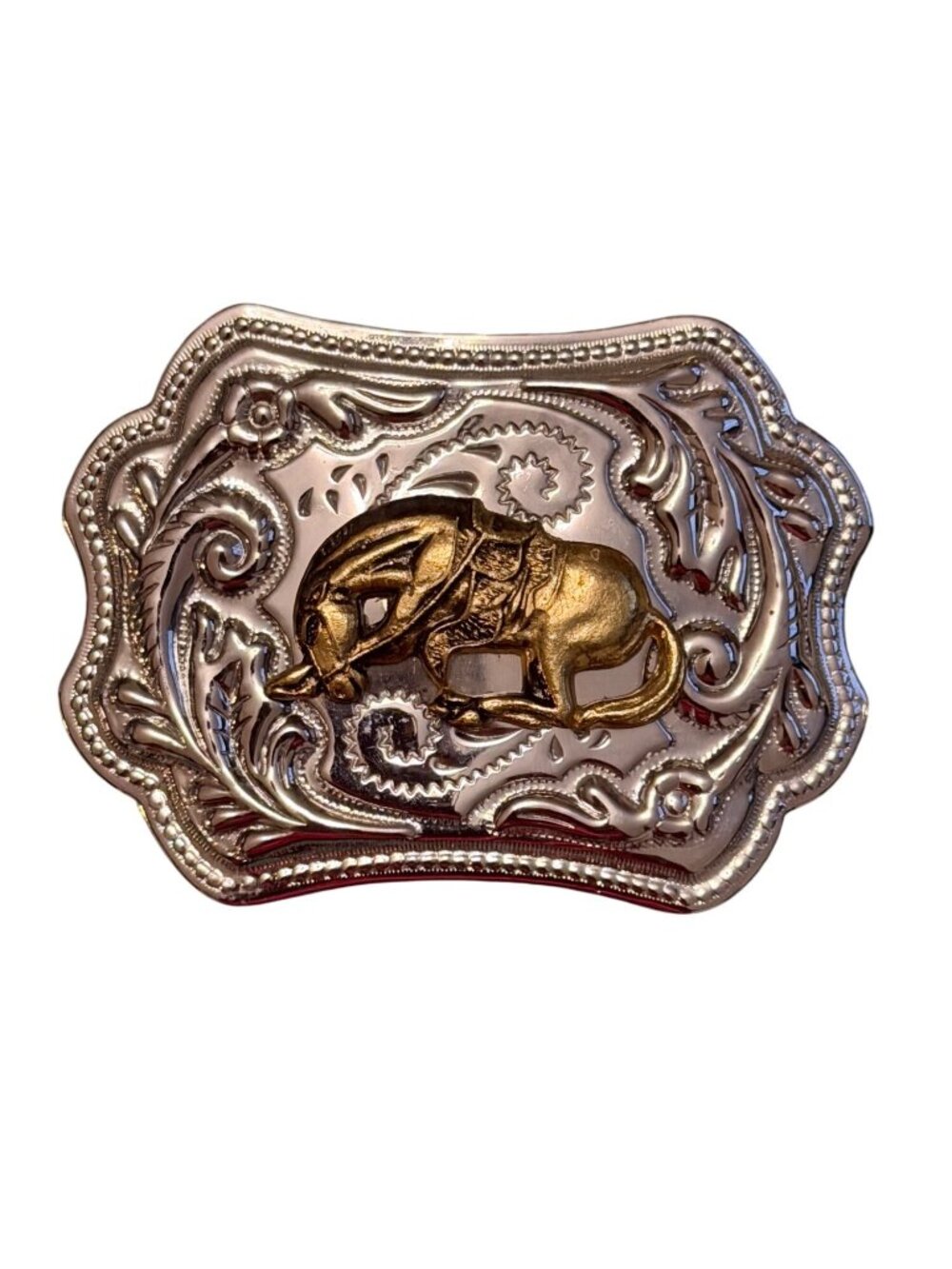 Vintage Western Belt Buckle Bull Steer Gold Tone Silver Engraved Made in Hong Ko